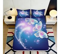Microfibre Douce Papillon Magique Drap-Housse 3D Impression Bleu Décor Chambre Cadeau Anti-poussière Facile à Laver 90x200x25cm