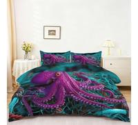 Microfibre Douce Parure de Lit Animal Pieuvre Violette Filet De Pêche, Bleu Réversible Housse de Couette - 240 x 260 cm Respirante Hypoallergénique Housse de Couette avec Fermeture éclair