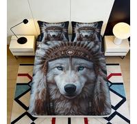 Microfibre Douce Parure de lit Loup Coiffe Indienne 3D imprimée Housse de Matelas antidérapante Décor Chambre Cadeau Toutes Occasions 90x200x25cm