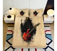 Microfibre Douce Squelette Guitariste Drap-Housse Impression 3D Crâne Rock Noir Rouge Bed Cover pour Cadeau Maison Chambre 90x200x25cm