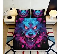 Microfibre Douce Tête de Loup Bleu Drap Housse Impression 3D Flamme Violette Protège-Matelas Décor Cadeau Chambre Étudiant 90x200x25cm