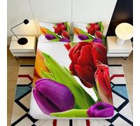 Microfibre Douce Tulipe Rouge Drap-Housse Impression 3D Motif Floral Violet Bed Sheet pour Cadeau Maison Mariage 90x200x25cm