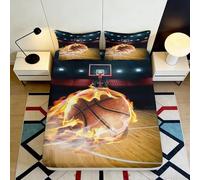 Microfibre Doux Basketball en Flamme Drap Housse Impression 3D Housse de Matelas Cadeau Décor Chambre Facile à Entretenir 90x200x25cm