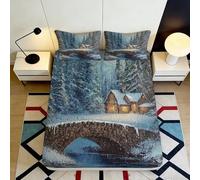 Microfibre Doux Chalet d'hiver Drap-Housse 3D Imprimé Pont Scénique Housse de Matelas pour Chambre Décoration 90x200x25cm