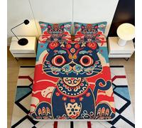 Microfibre Doux Chat Porte-Bonheur Oriental Drap-Housse Impression 3D Rouge Bleu Lit Cadeau Décoration Chambre Anniversaire 90x200x25cm