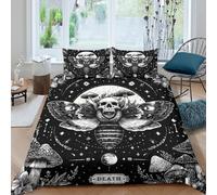 Microfibre Doux Gothic Skull Moth Drap-Housse Impression 3D Champignon Noir Death Art Housse de Matelas pour Cadeau Maison Nouvel an Single（135x200cm）