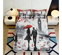 Microfibre Doux London Cityscape Fitted Sheet Impression 3D Couple sous Parapluie Rouge Bed Cover pour Cadeau Chambre Salon 90x200x25cm