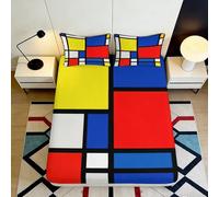 Microfibre Doux Mondrian Géométrique Drap-Housse Impression 3D Bloc de Couleurs Housse de Matelas Cadeau Maison 90x200x25cm