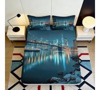 Microfibre Doux Paysage Nocturne Urbain Drap Housse 3D imprimé Pont Bleu Couverture de lit pour Cadeau Maison 90x200x25cm