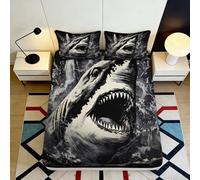 Microfibre Doux Requin Océan Housse Drap-Housse Impression 3D Noir Blanc Grand Prédateur pour Cadeau Maison Mariage Anniversaire 90x200x25cm