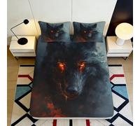 Microfibre Doux Wolf Ardente Drap Housse Impression 3D Forêt Sombre Housse de Matelas pour Cadeau Chambre Maison décoration 90x200x25cm