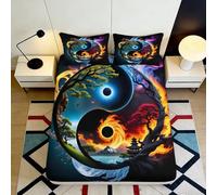 Microfibre Doux Yin Yang Arbre de Vie Drap Housse Impression 3D Motif Feu Eau Protection Matelas Cadeau Décoration Maison 90x200x25cm