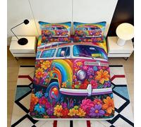 Microfibre Drap Housse Van Psychédélique Fleurs, Résistant au Plis, Protection Matelas, Impression 3D Printed, Facile d'entretien, Gift Bedding Set, Chars 120x200x25cm