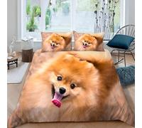 Microfibre Housse de Couette 1 Personne 140X200 Spitz Allemand 3D Hypoallergique Parure de lit 3 pièces Animaux Mignons avec Fermeture à glissière cachée avec 2 d‘oreiller 50x75 enfant fille garcon