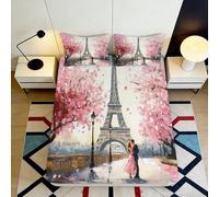 Microfibre Impression 3D Tour Eiffel Paris Drap-Housse Fleurs Roses Housse de Matelas Antidérapant Lavable Décoration 90x200x25cm