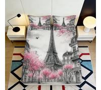 Microfibre Paris Tour Eiffel Drap-Housse Impression 3D Fleurs Roses Housse de Matelas Cadeau Décor Chambre Maison 90x200x25cm