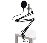 Microphone à condensateur studio Pronomic CM-100S à grande membrane XLR incluant anti-pop et bras de microphone (avec suspension, étui, pare-vent, adaptateur, mini pare-vent, pince de table) argent