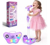 Microphone Enfant avec Pied,Set de 2 Micros sans Fil avec Lumière LED,Hauteur Réglable 47-108 cm,Enceinte Bluetooth/TF/USB/AUX