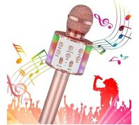 Microphone Karaoké Sans Fil - ELCKNER - Or Rose - 4-en-1 Multifonction - Effet Sound Magic - LED Colorées