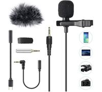 Microphone PC 3.5mm Jack Audio avec Clip et Bonnette Anti-Vent,2m Mini Micro Cravate Condensateur Omnidirectionnel avec 2 Adaptateur