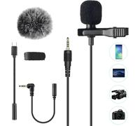 Microphone PC 3.5mm Jack Audio avec Clip et Fourrure Pare-Brise,2m Mini Micro Cravate Interview Condensateur Omnidirectionnel avec CTIA Adaptateur et Adapter USB C,pour iPhone Samsung Xiaomi