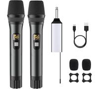 Microphone sans fil, système de microphone sans fil UHF avec deux microphones à main sans fil et récepteur rechargeable, portée de 200 m, pour systèmes de sonorisation, karaoké, DJ, chant, conférence