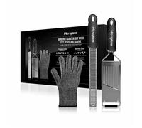 Microplane Ensemble râpe de cuisine (Zesteur, mandoline & gant) pour parmesan, pommes de terre, concombre, courgette, carotte, gingembre, noix de muscade en acier inoxydable et noir