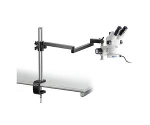 Microscope stéréo zoom Kern OZM 953, trino, 7-45x, HSWF 10x23 mm, Statif industriel, Pince de table, Lampes annulaires LED, 4,5 W