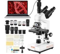 VEVOR Microscope Trinoculaire Composé 40X-5000X Microscope Biologique Mise au Point Grossière et Fine de Précision avec Platine 2 Étages Interface pour Ordinateur ou Écran Externe Éducation Recherche