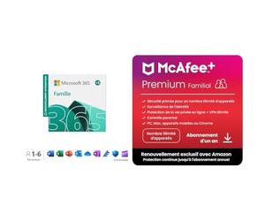 Microsoft 365 Famille |jusqu’à 6 utilisateurs |15 mois, renouvellement automatique à €99 + McAfee Premium Familial |nombre illimité d'appareils |abonnement d'1 an, renouvellement automatique à €139.95