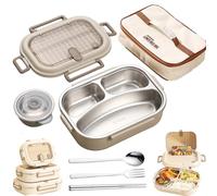 Microwaveable Stainless Steel Insulated Bento Box for Kids/Adults, Large Capacity Partition, with Soup Bowl Spoon and Fork, Leak proof, Microwavable, Dishwasher Safe (3 Compartments+ bag,1000ML)