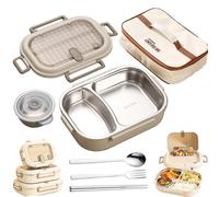 Microwaveable Stainless Steel Insulated Bento Box for Kids/Adults, Large Capacity Partition, with Soup Bowl Spoon and Fork, Leak proof, Microwavable, Dishwasher Safe (2 Compartments+ bag,1000ML)