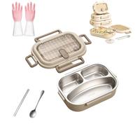 Microwaveable Stainless Steel Insulated Bento Box, Stainless Steel Large Capacity Bento Boxes,Leakproof Compartment Food Container with Lids,Soup Bowl Spoon and Fork (3 Compartments (1000ml))