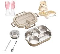 Microwaveable Stainless Steel Insulated Bento Box, Stainless Steel Large Capacity Bento Boxes,Leakproof Compartment Food Container with Lids,Soup Bowl Spoon and Fork (5 Compartments (2000ml))