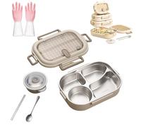 Microwaveable Stainless Steel Insulated Bento Box, Stainless Steel Large Capacity Bento Boxes,Leakproof Compartment Food Container with Lids,Soup Bowl Spoon and Fork (4 Compartments (1500ml))