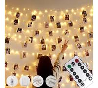 Microwear Guirlande Photo,10M100LED 8Modes,Alimenté par USB ou Batterie,avec Télécommande,Lumineuse LED d'intérieur pour Chambre Photo Suspendre des Photos,Décoration de Chambre (50Clips 25Clous)