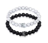 MicVivien Bracelet Couronne en Onyx Noir et Perles Howlith Blanches, Bracelet Partenaire avec Couronne King & Queen Distance Paire de Bracelets Couple pour Femme Homme