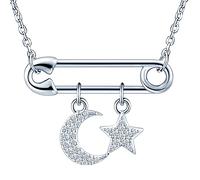 MicVivien Collier Femme Argent 925/1000, Pendentif Forme d'épingle avec Étoile Lune Oxyde de Zirconium Collier Bijoux pour Femme Fille Maman