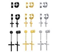 MicVivien Lot de 9 paires de boucle d’oreille croix pour homme et femme, Boucle d'oreille Créoles en Acier Inoxydable, noir argent doré boucle d'oreilles cercle