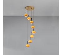 Mid Century Long Orange Glass Foyer Chandelier High Ceiling Entryway Staircase Vintage Farmhouse Rustic Pendant Light Wood Hanging Lamp for Spiral Stairway Bedroom Living Room