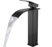 Midanya Robinet de salle de bain à bec cascade à poignée unique 1 trou pour lavabo de salle de bain, robinet de lavabo moderne pour camping-car avec tuyau d'eau, corps haut, noir mat