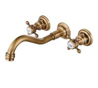 Midanya Robinet d'évier de salle de bain à montage mural à 3 trous, 2 boutons en croix, robinet mitigeur de lavabo en laiton, bec mélangeur, double poignées, laiton antique commercial avec panneaux
