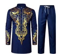 Middle East Thobe avec pantalon pour homme musulman à manches longues Caftan Dubaï Arab Vêtements islamiques Costume africain Dashiki pour costumes, tenues africaines 2 pièces, bleu foncé, L