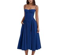 midelxp Robe corset élégante à bretelles spaghetti pour femme - Robe midi à coupe basse - Ourlet plissé fluide - Avec poches, Taille M