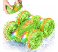 MidiVix Voiture amphibienne télécommandée, 90 minutes de jeu, 2,4 GHz, double face, avec lumière LED, rotation à 360°, piscine et extérieur, cadeau pour enfants de 6 à 12 ans, vert et orange