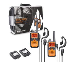 Midland XT70 Pro Hobby & Work C1465.01 - Pack de 2 Talkies-Walkies PMR446/LPD Rechargeables, Portée jusqu'à 12 km, IPX4, Charge Rapide 3h, VOX, Oreillettes MA21-Li Incluses