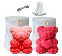 Midnadiy Moule a Bougie, 2 pièces Bougie Silicone Moule Ours, Comprend 50 Mèches et 1 Pince de Fixation, Faciles à Démouler, Motifs raffinés, pour la Fabrication de Bougies, Artisanat en Résine(M+M）