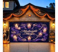 Midnight Magic Housse de porte de garage thème bougie et clé Halloween 397 | Toile de fond de porte de garage sur le thème de la magie de minuit, clés vintage décorées, fond fumé violet
