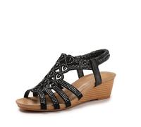 MiDuoHU Sandales bohèmes pour femmes - Sandales compensées à bout ouvert ornées de strass pour l'été(Black,36 EU)