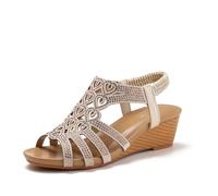 MiDuoHU Sandales bohèmes pour femmes - Sandales compensées à bout ouvert ornées de strass pour l'été(Camel,36 EU)